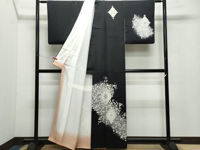 平和屋着物 訪問着 吉祥花文 たたき染め 黒地 金彩 正絹 CAAZ8114vf