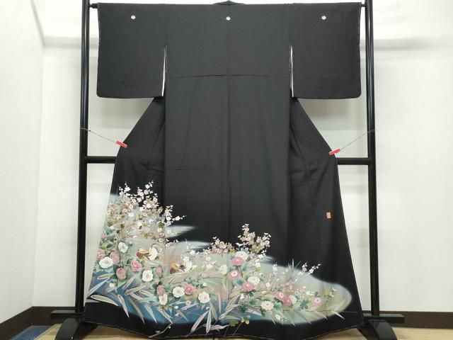 平和屋着物 豪華黒留袖 友禅 作家物 鴛鴦草花文 暈し染め 正絹 CAAZ8128vf