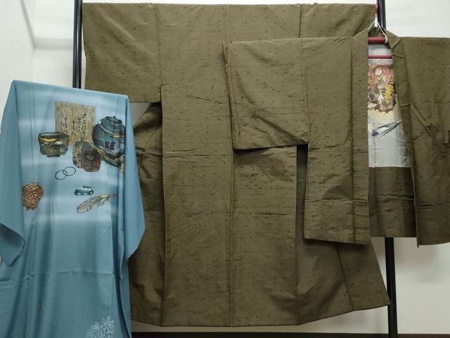 平和屋着物 男性 髭紬 アンサンブル 長襦袢セット 涅色 正絹 CAAZ8139vf