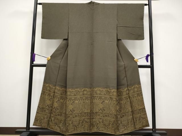 平和屋着物■極上　天目織　色留訪問着　お召地　エジプト壁画文様　海松茶色　さが美扱い　逸品　未使用　CYAA3541s5 平和屋着物□極上 天目織 色留訪問着 お召地 エジプト壁画文様