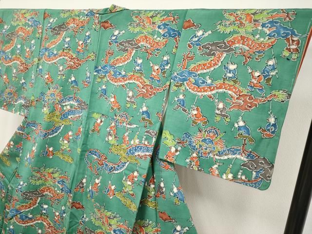 お召縮緬 緑青色地