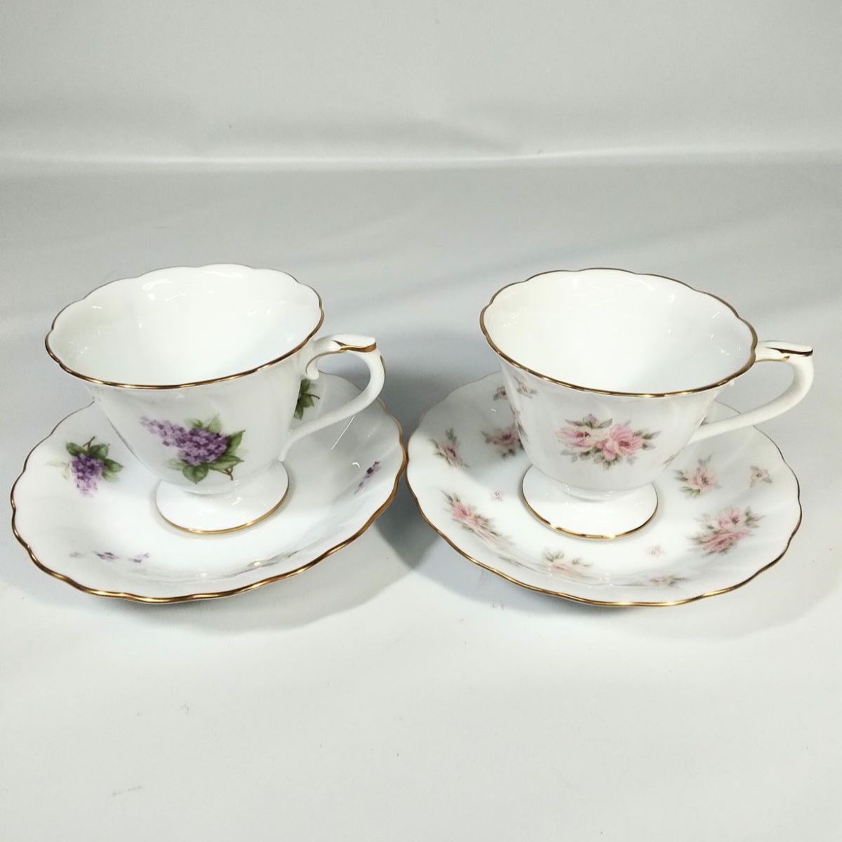大倉陶園 ライラック カップ-ソーサー 2客セット 金彩 花柄 紫 ピンク NO 01026