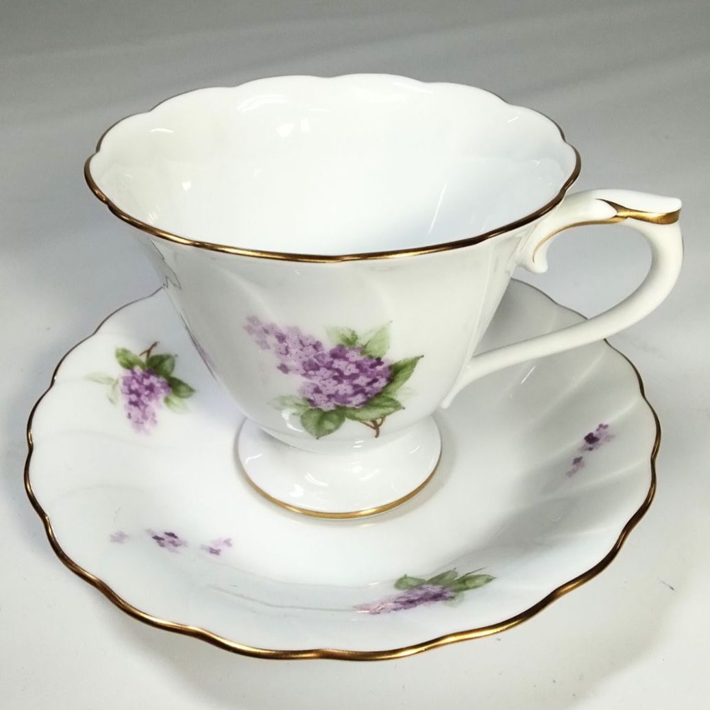 大倉陶園 ライラック カップ ソーサー 2客セット 金彩 花柄 紫 ピンク NO 01026