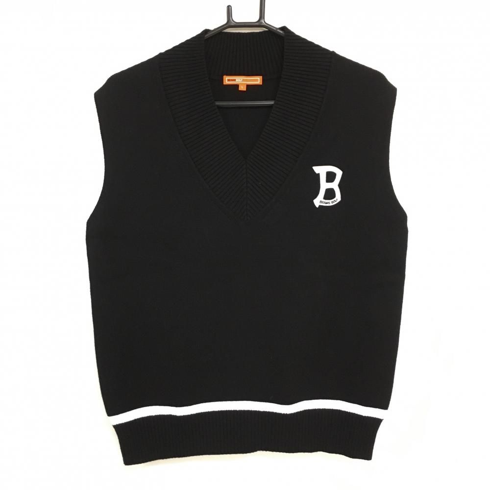 ビームスゴルフ ニットベスト 黒 ロゴ白 コットン混 レディース L ゴルフウェア モデル BEAMS GOLF