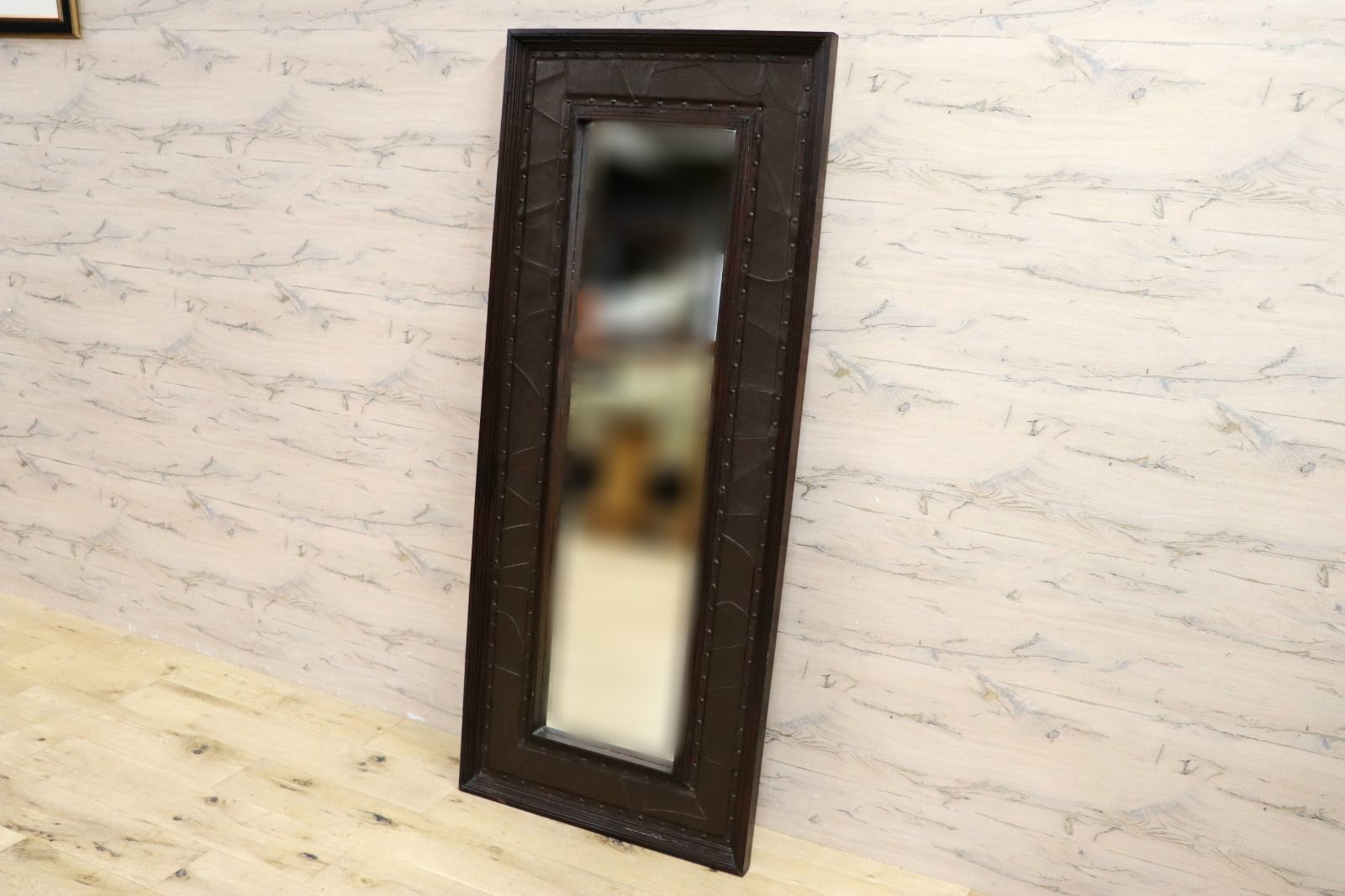 GMIK 561 アンティーク 木製フレーム ヴィンテージ クラシック レトロ 全身鏡 ロングミラー 姿見 立て掛け ウッドフレーム ミラー 鏡 革