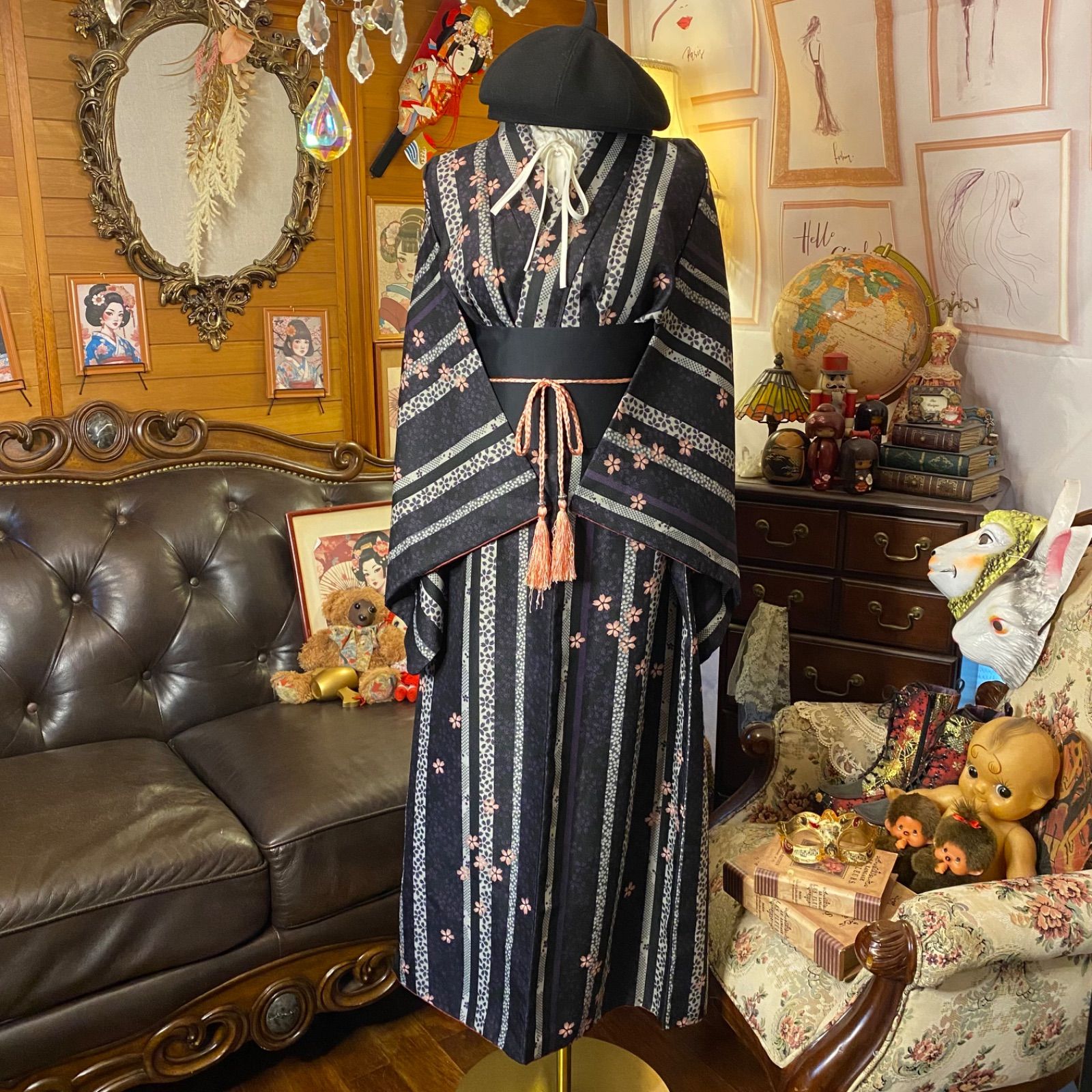 着物 リメイク ロングワンピース ドレス 洗える 化繊 名古屋帯サッシュベルト 和洋折衷 レトロ 古着 ハンドメイド 闇に咲く桜の調べ KW-1142