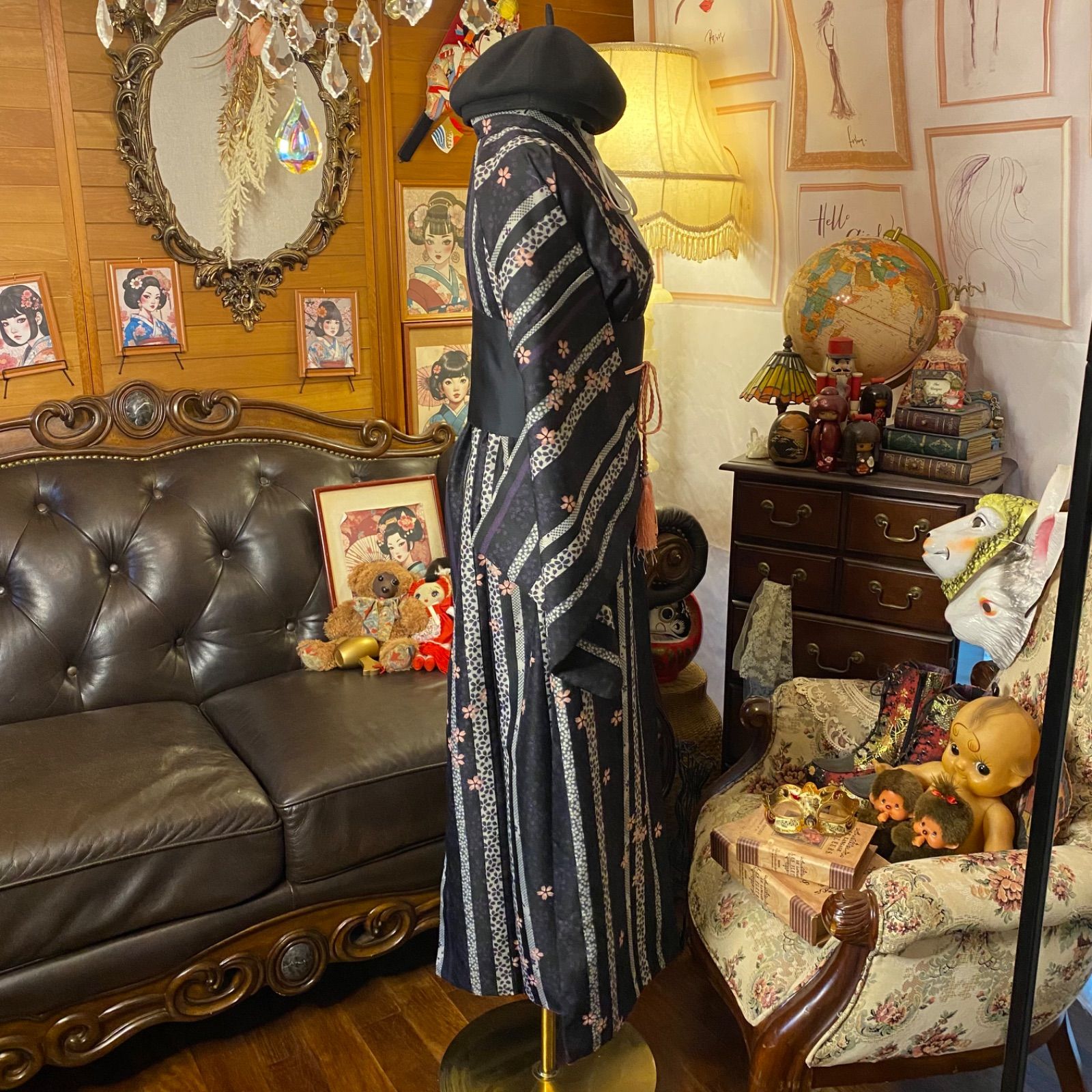  着物 リメイク ロングワンピース ドレス 洗える 化繊 名古屋帯サッシュベルト 和洋折衷 レトロ 古着 ハンドメイド 闇に咲く桜の調べ KW-1142 その他 ワンピース