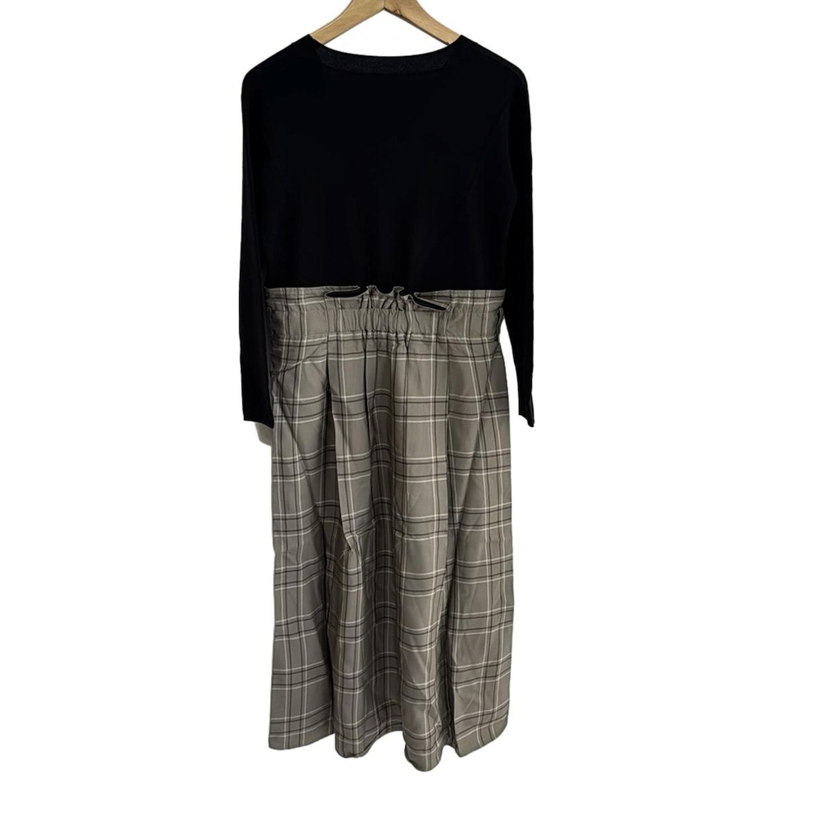 アドーア ワンピース サイズ38 M レディース - 黒×グレーベージュ×ダークブラウン Vネック 長袖 マキシ丈 チェック柄 異素材切替