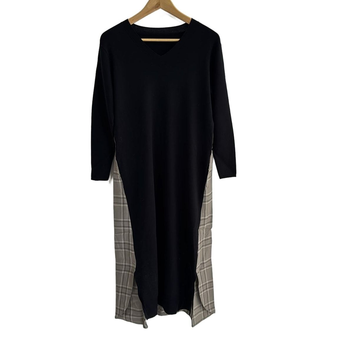 アドーア ワンピース サイズ38 M レディース - 黒×グレーベージュ×ダークブラウン Vネック 長袖 マキシ丈 チェック柄 異素材切替