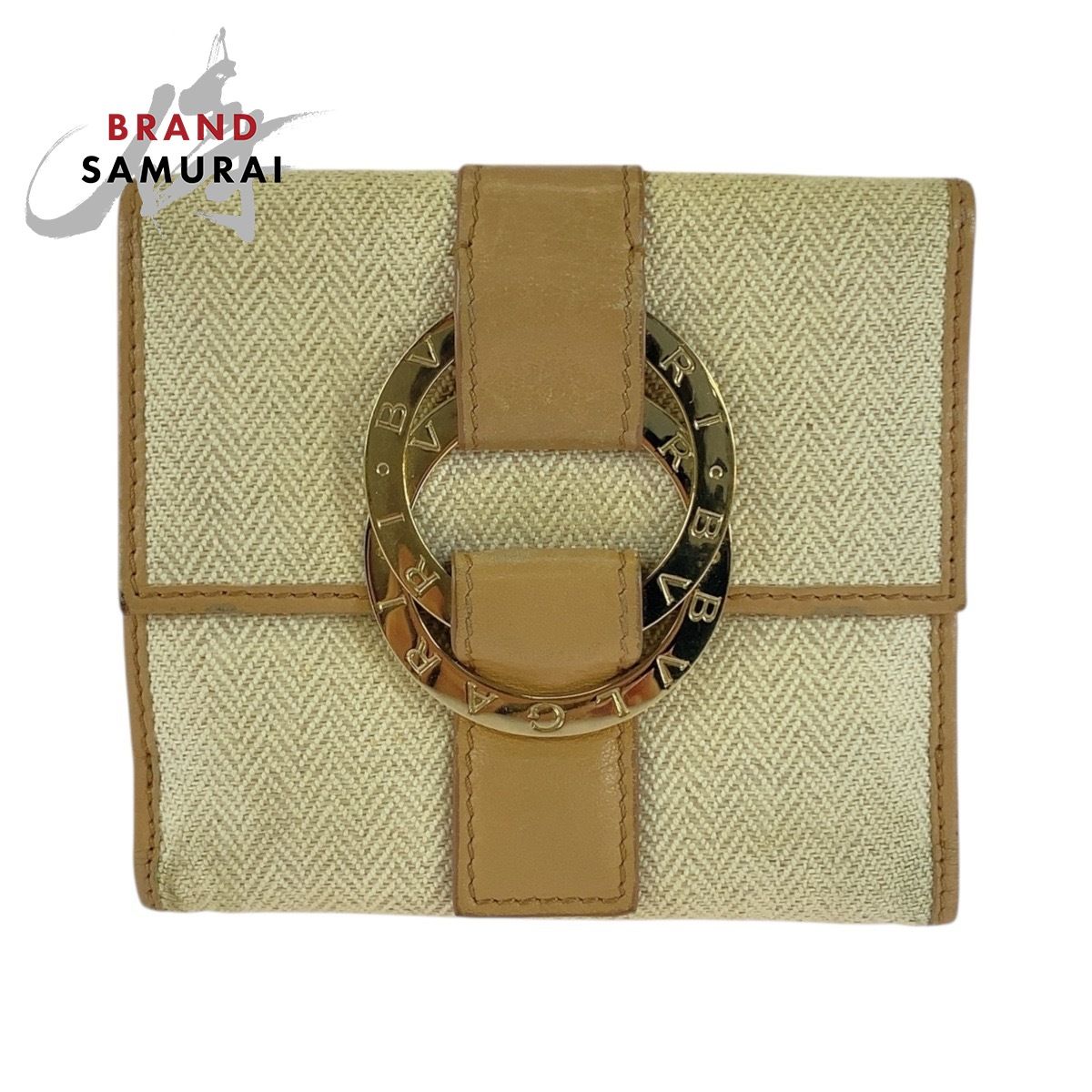 BVLGARI ブルガリ チャンドラ ベージュ ゴールド金具 ツイード レザー 12661695 折り財布 コンパクトウォレット レディース 505744