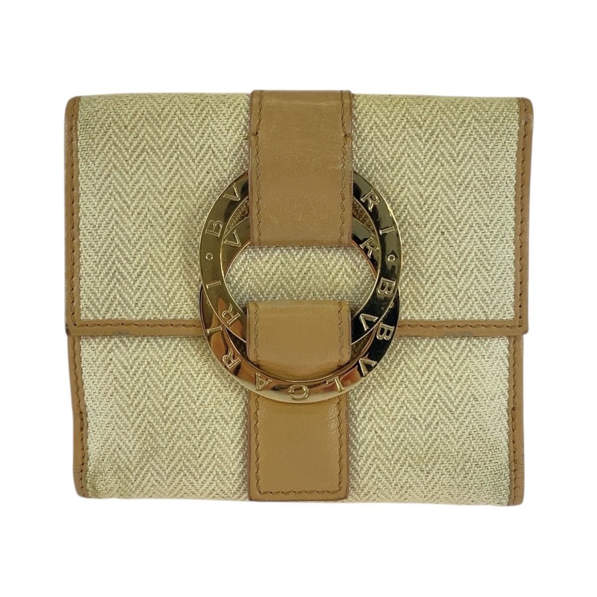 BVLGARI ブルガリ チャンドラ ベージュ ゴールド金具 ツイード レザー 12661695 折り財布 コンパクトウォレット レディース 505744