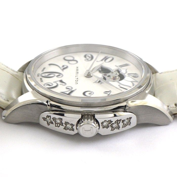 ハミルトン Hamilton 腕時計 ジャズマスター レディ オート H32365313 裏スケ ダイヤ付きケース シルバー ギョーシェ スケルトン文字盤 SS ホワイト クロコダイル レザーベルト 自動巻き 箱 保付き