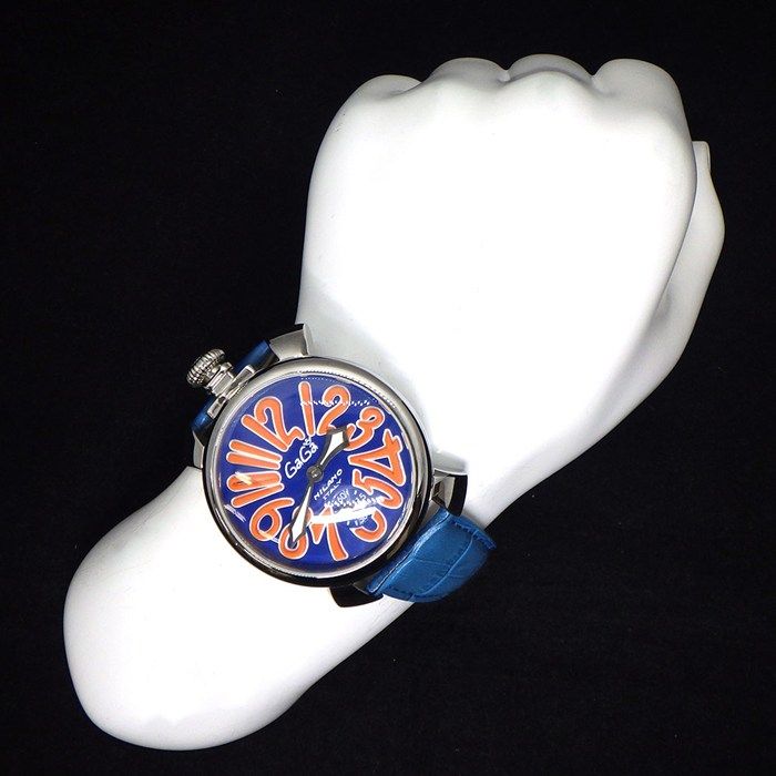  ガガミラノ GaGa MILANO 腕時計 マヌアーレ 48 5010 08 S スモールセコンド 裏スケ 夜光インデックス 夜光針 オレンジインデックス ブルー文字盤 SS ブルー レザーベルト 手巻き 腕時計(デジタル) 時計