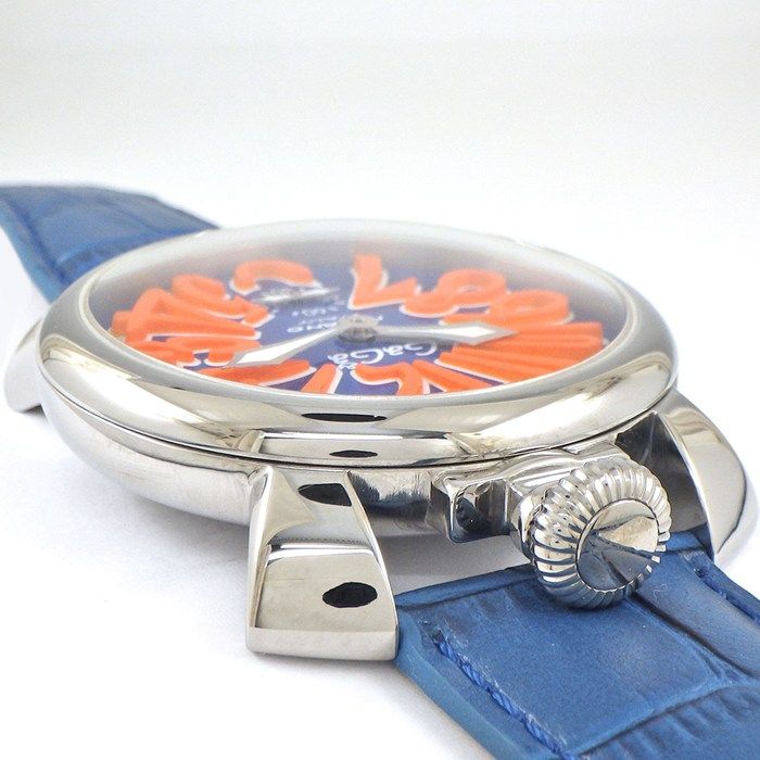 ガガミラノ GaGa MILANO 腕時計 マヌアーレ 48 5010 08 S スモールセコンド 裏スケ 夜光インデックス 夜光針 オレンジインデックス ブルー文字盤 SS ブルー レザーベルト 手巻き