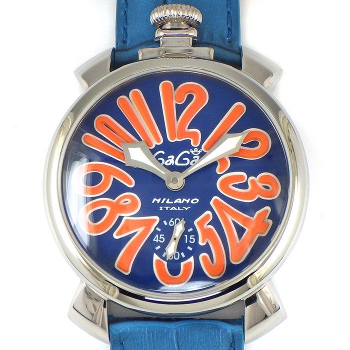 ガガミラノ GaGa MILANO 腕時計 マヌアーレ 48 5010.08S スモールセコンド 裏スケ 夜光インデックス 夜光針 オレンジインデックス ブルー文字盤 SS ブルー レザーベルト 手巻き