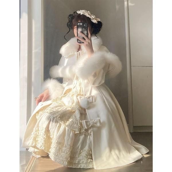 ステン コート 冬服 レディース リボン もこもこ ジャケット ミディアム丈 コート ロリータ ロリータコート アウター 小柄 ファー付き 学生