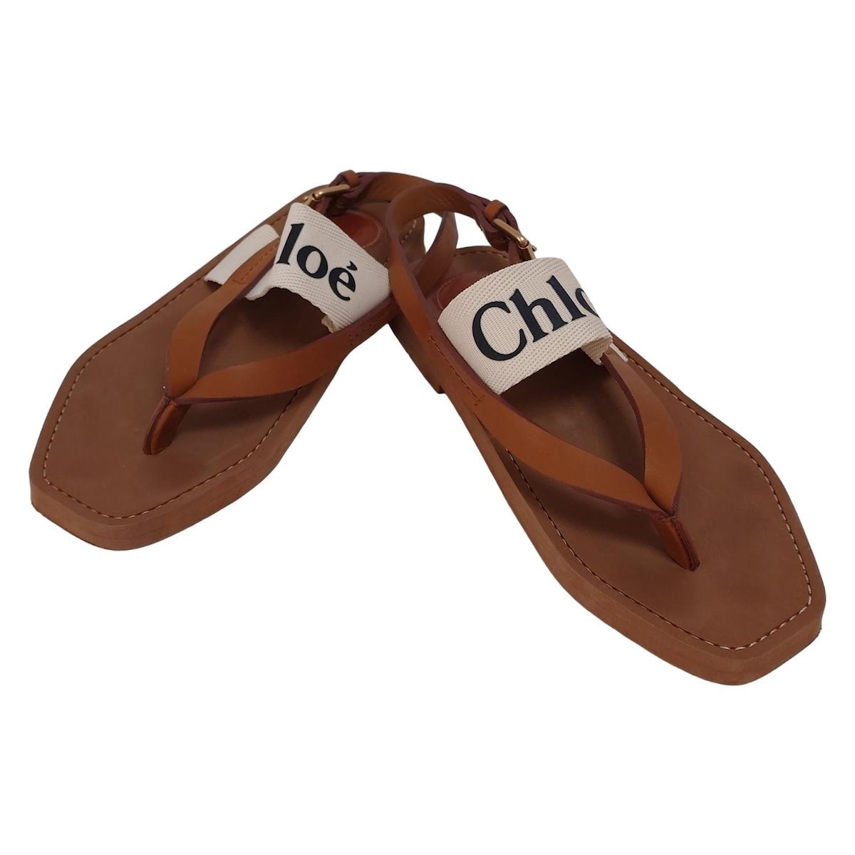 Chloe クロエ サンダル 37 レディース ウッディ ブラウン×アイボリー トング レザー
