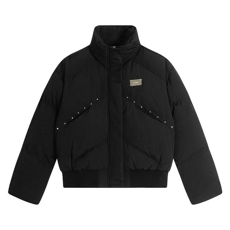 h 秋冬 |ユニセックス ヴィンテージ × スタッズ装飾 立ち襟ワイドシルエット中綿ジャケット アメリカンストリート|カップルコーデ