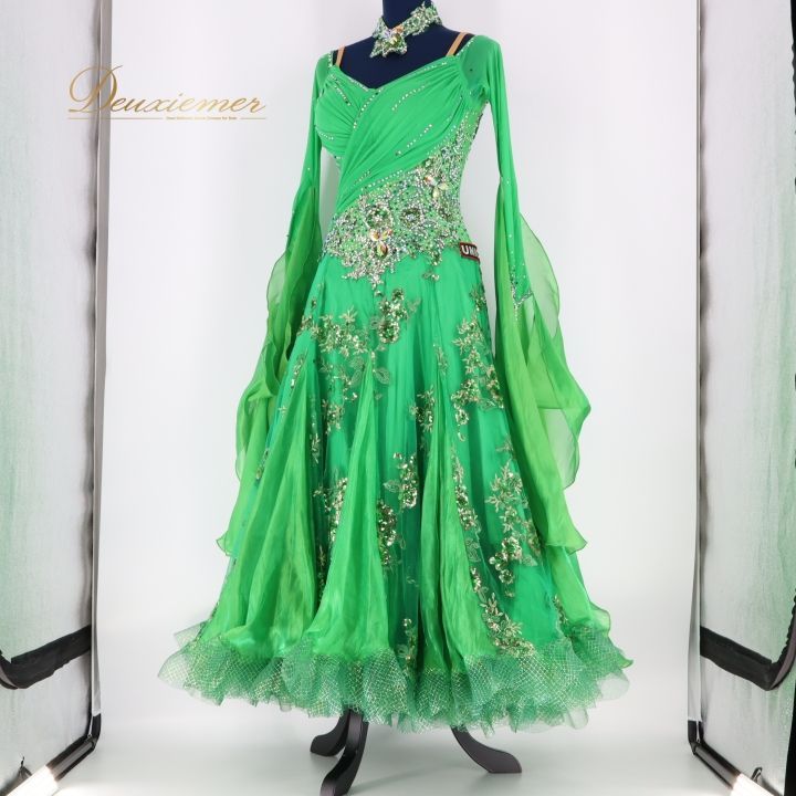社交ダンス 衣装 ドレス ドレス ワンピース UNICO ウニコ 緑 フロート レース デモ 競技 ダンス パーティ 発表会 グリーン系 輝く ドレス スパンコール ラインストーン スカート フロア映え 競技用衣装 パフォーマンス LLC-HASEGAWATOSO_COM