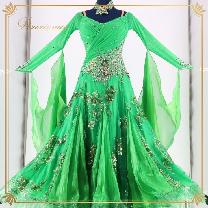 社交ダンス 衣装 ドレス ドレス ワンピース UNICO ウニコ 緑 フロート レース デモ 競技 ダンス パーティ 発表会 グリーン系 輝く ドレス スパンコール ラインストーン スカート フロア映え 競技用衣装 パフォーマンス