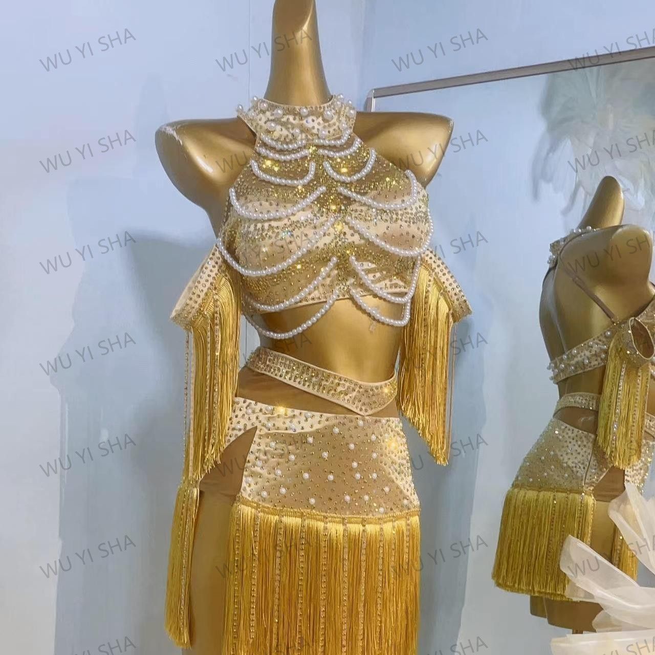 ラテンダンス衣装 ドレス ダンス衣装 子供〜大人までオーダー可 ステージ用 競技用 セット ステージ用 流蘇パールドレス ゴールド カスタムオーダー可