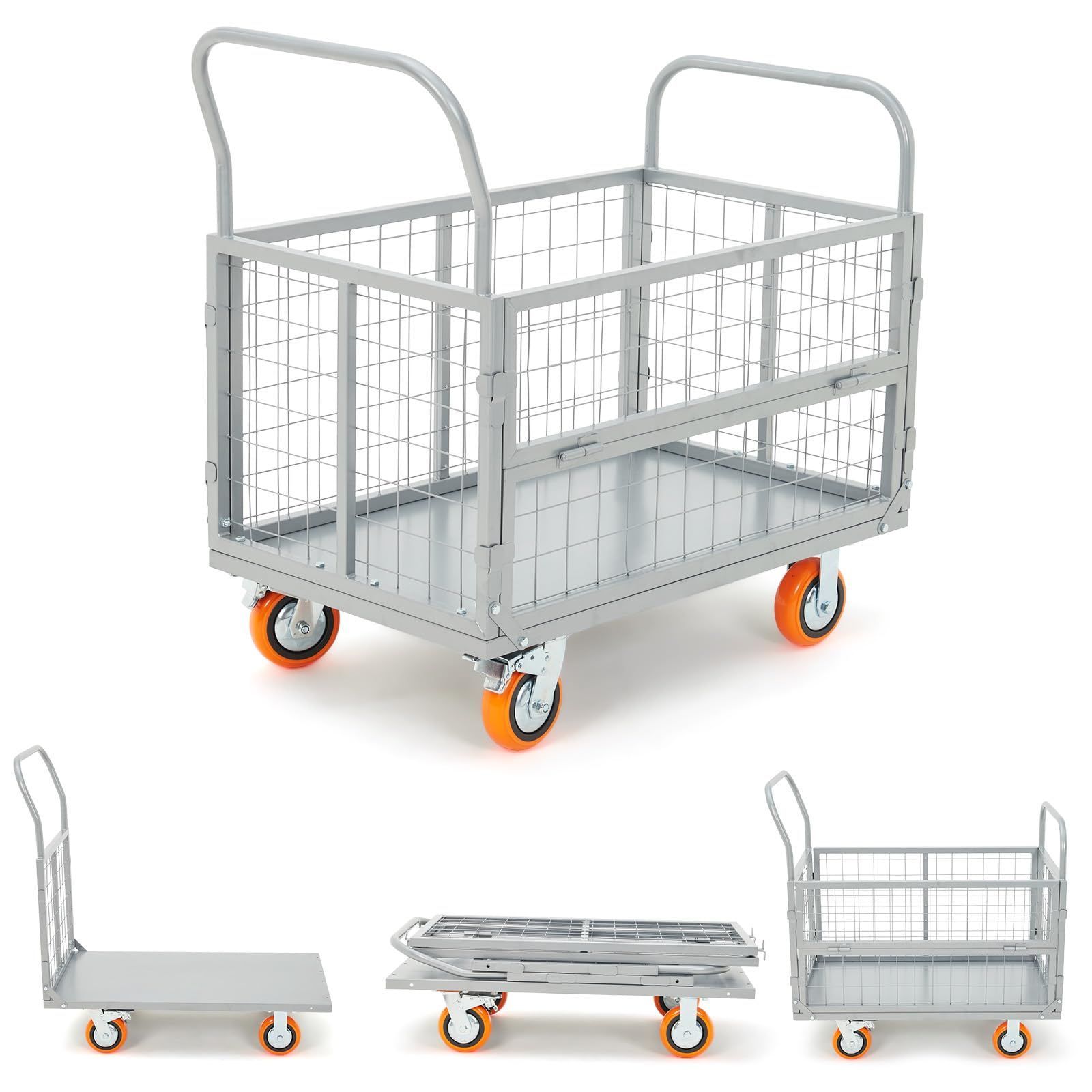 ガービー Garvee メッシュ台車 カゴ台車 耐荷重816 kg 大型 運搬車 手押し 変形 静音 ブレーキ付き 折りたたみ 業務用 倉庫 工場 シルバー