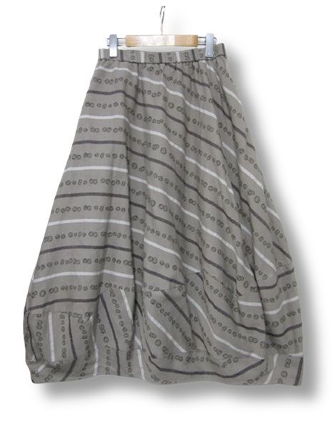 慈雨 ジウ JIU センソユニコ ロングスカート バルーン風デザイン ウエストゴム 和柄 グレーブラウン系 Lサイズ40 管理番号L29463SSS26-251104-50-3 990