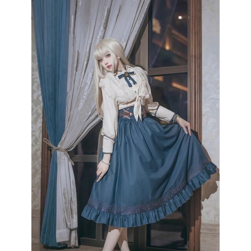 洋服 レディース ロリータ ブラウス ロングスカート イギリス風 長袖 春 秋 学生風 Aライン ハイウエスト ロリィタファッション 上品 リボン