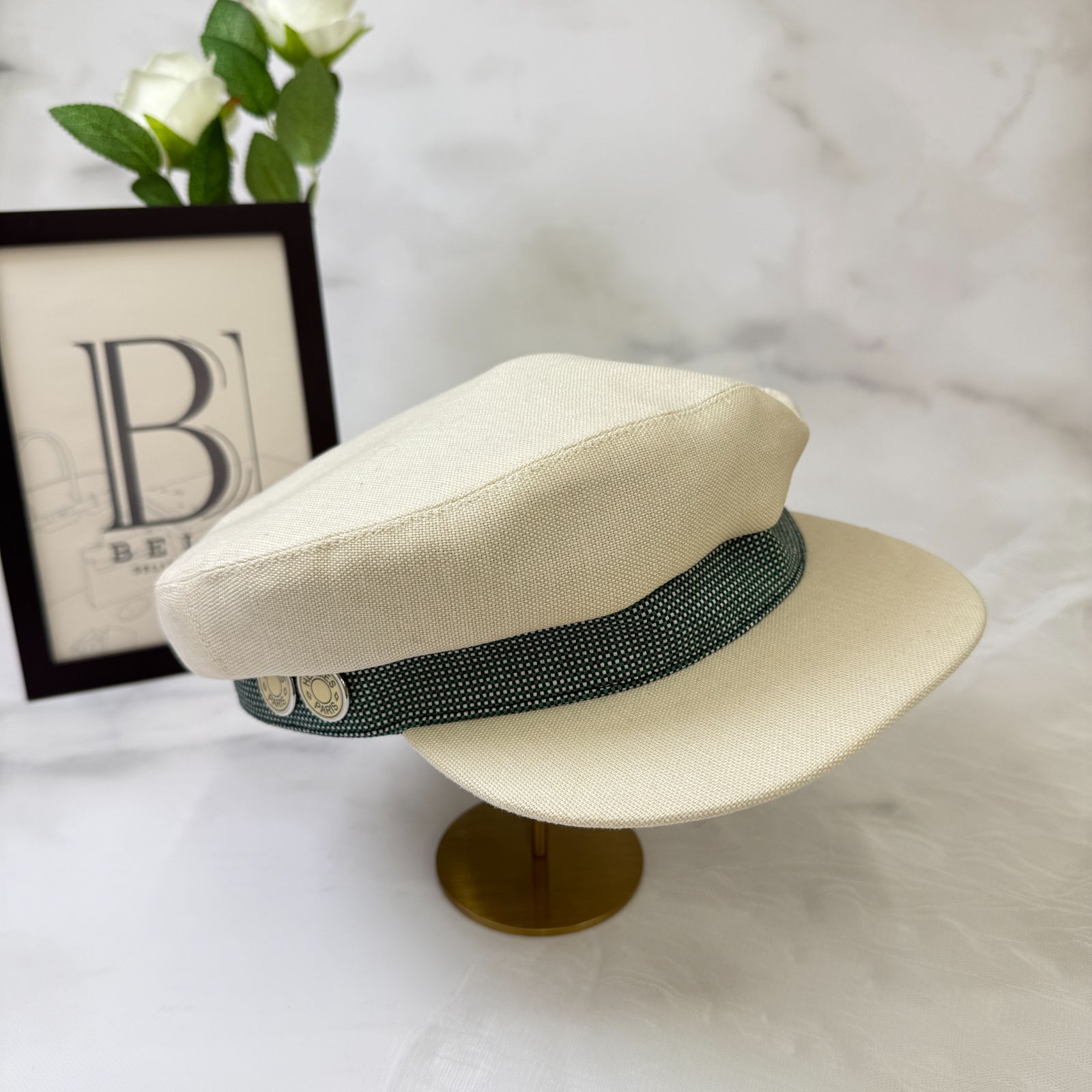 鑑定済み エルメス カヴァル ポップ 59 ホワイト グリーン 麻 コットン キャスケット セリエボタン