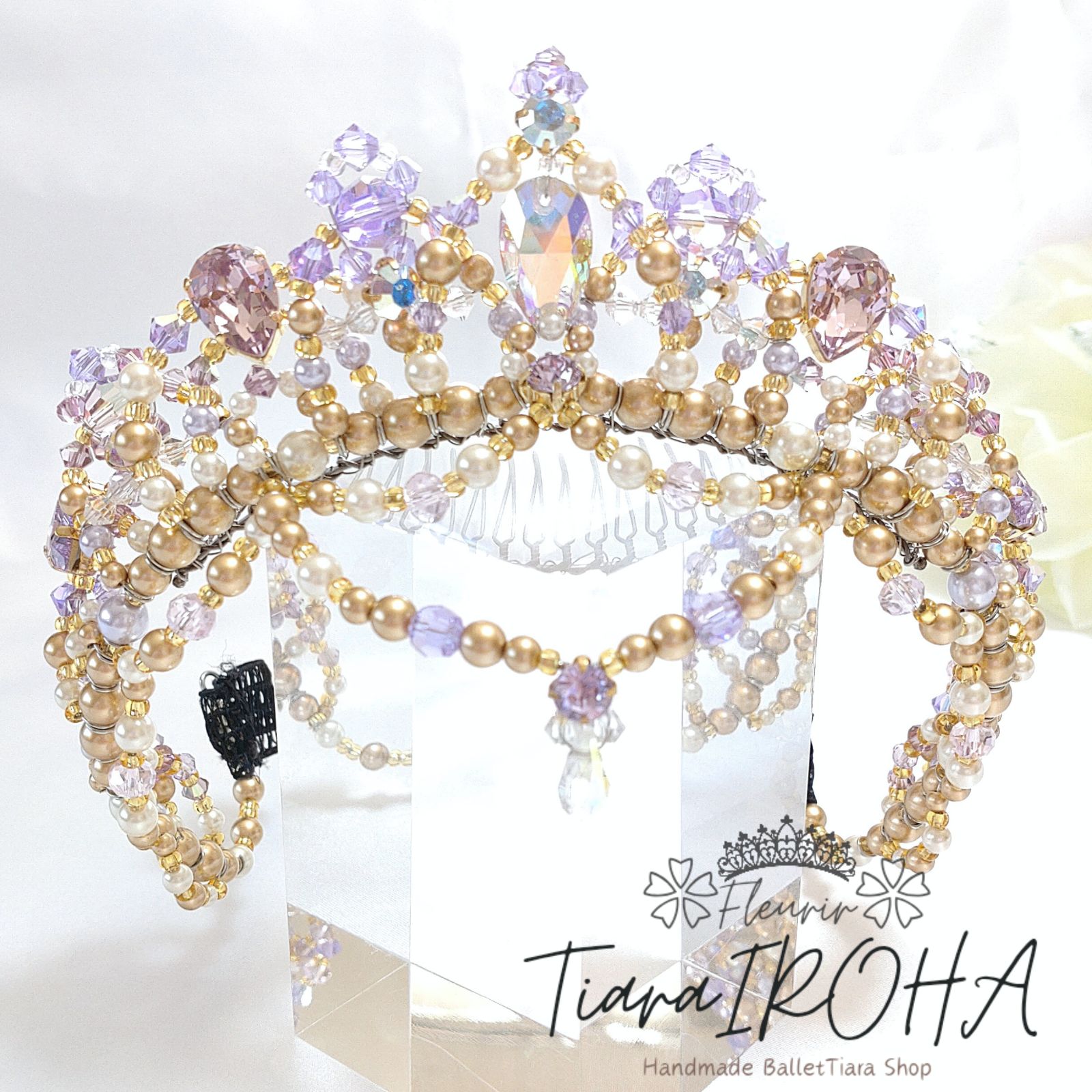 バレエ ティアラ 大人用 ゴールド ライトパープル コーム付
