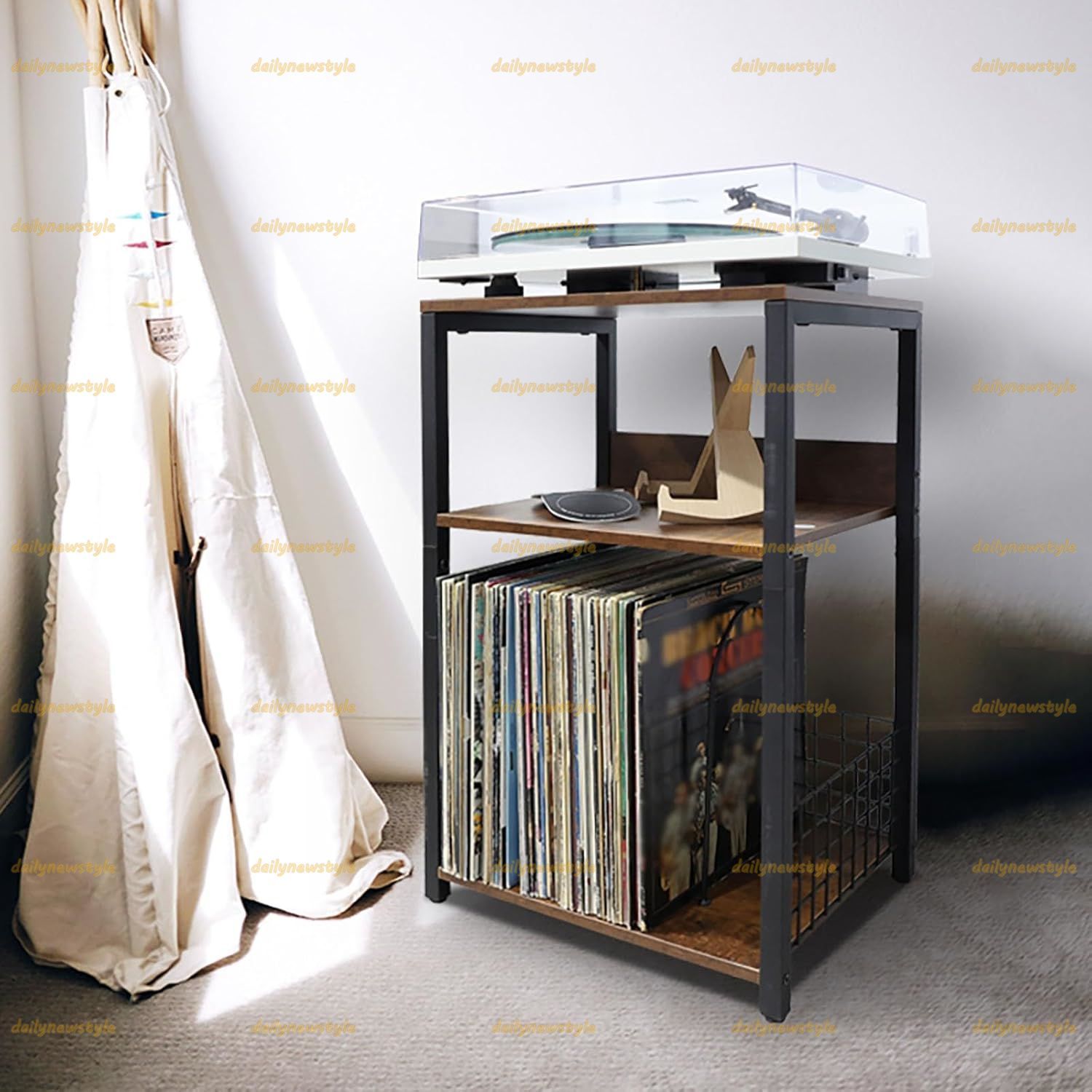 推薦 レコードラック 3段 レコードプレーヤースタンド 約 ビニールレコード収納 落ち着いたヴィンテージ風 鉄フレーム×木製棚 CD アルバムプレーヤー収納棚 コンパクトサイズ リビング 寝室 書斎 オフィス 狭いスペースに最適 組立簡単