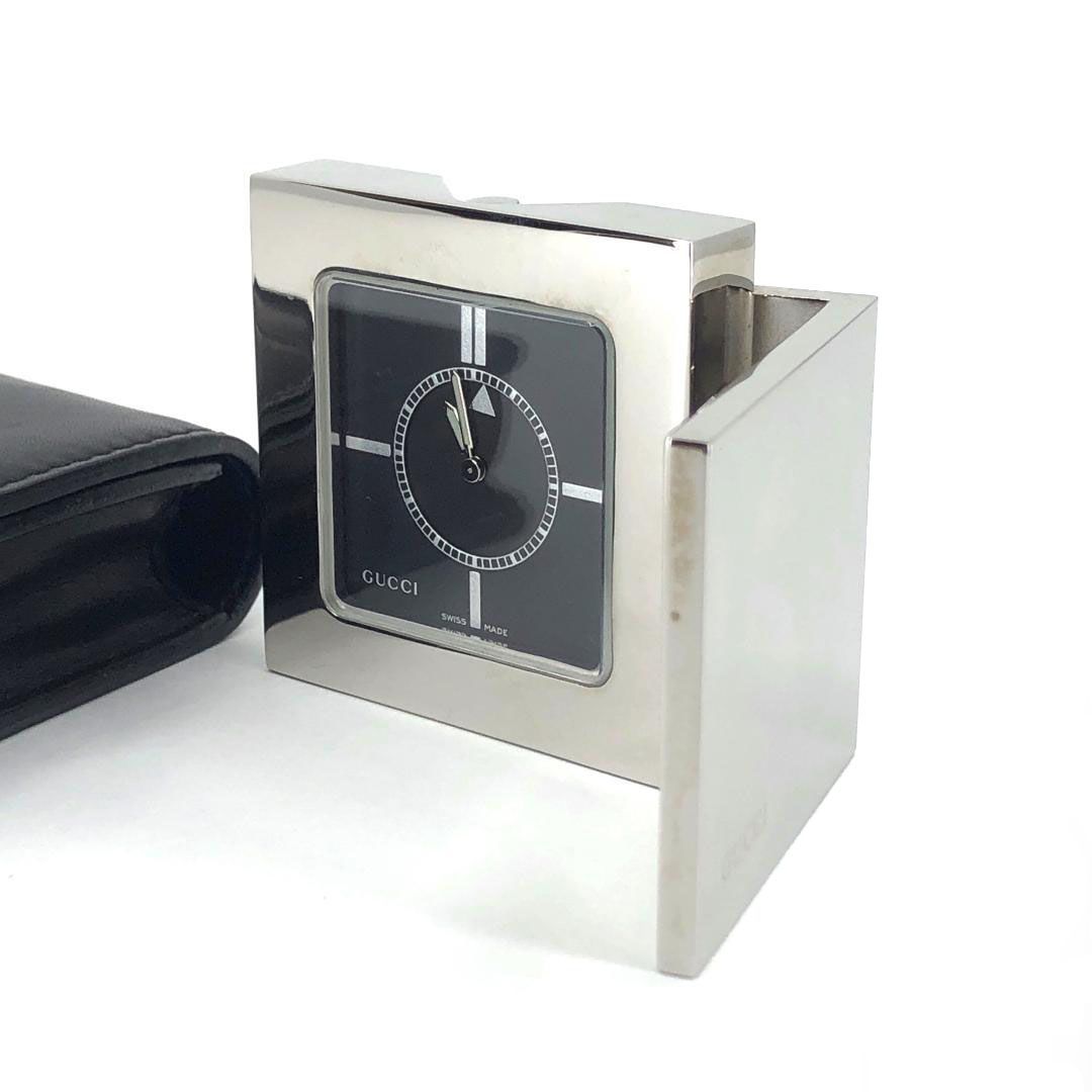 電池交換済 レザーケース付 GUCCI グッチ トラベルクロック 置き時計 0840 クォーツ カバー ステンレス ブラック
