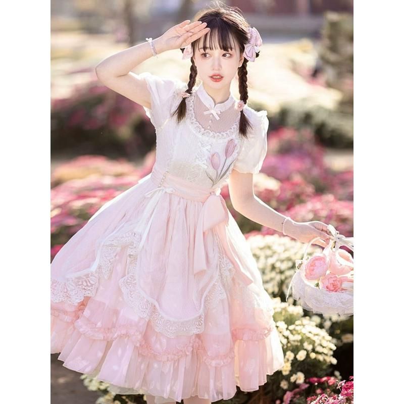 ロリータ ワンピース 洋服 花柄 レディース 膝丈 半袖 リボン パフスリーブ フリル レース Aライン ハイウエスト ロリィタファッション 上品 エレガント