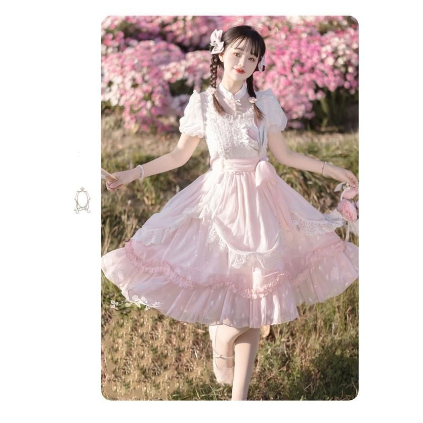 ロリータ ワンピース 洋服 花柄 レディース 膝丈 半袖 リボン パフスリーブ フリル レース Aライン ハイウエスト ロリィタファッション 上品 エレガント