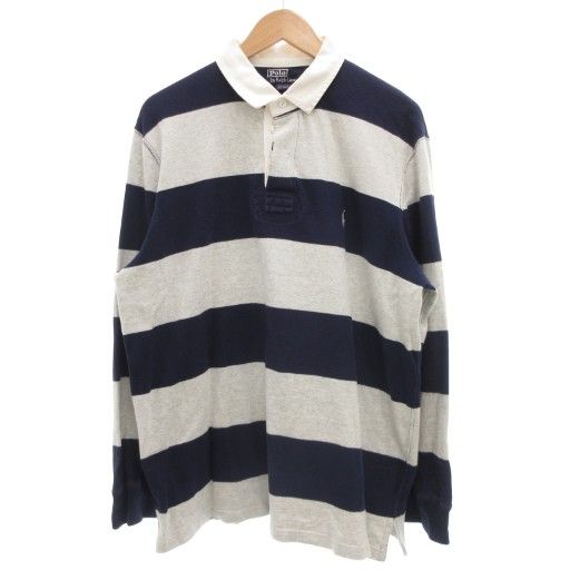 ポロ バイ ラルフローレン Polo by Ralph Lauren ラガーシャツ 長袖 LL 紺 ネイビー グレー ポニーロゴ刺繍 ボーダー GV GY44