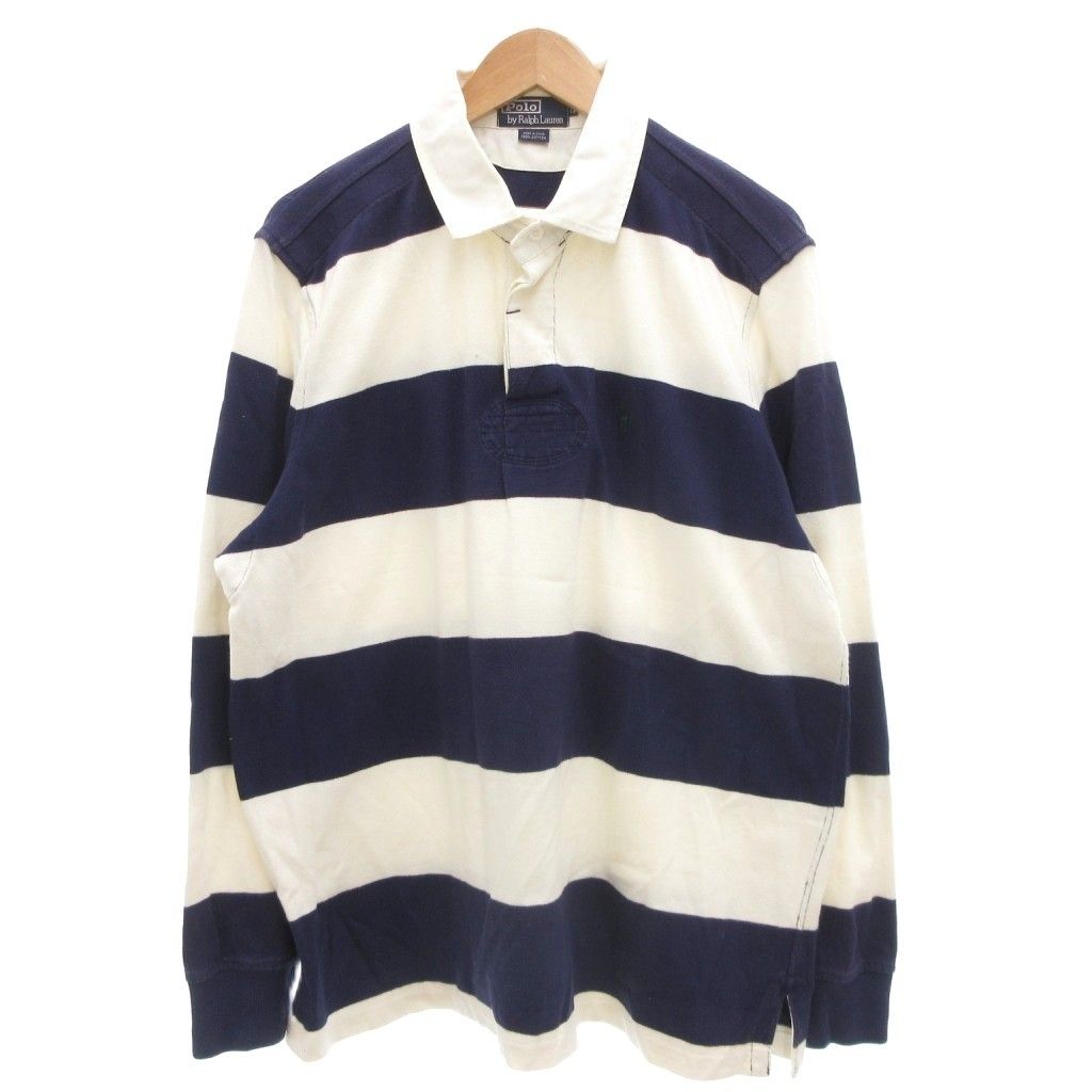 ポロ バイ ラルフローレン Polo by Ralph Lauren ラガーシャツ 長袖 LL 紺 ネイビー 白 ホワイト ボーダー柄 ポニーロゴ刺繍 GV GY 44