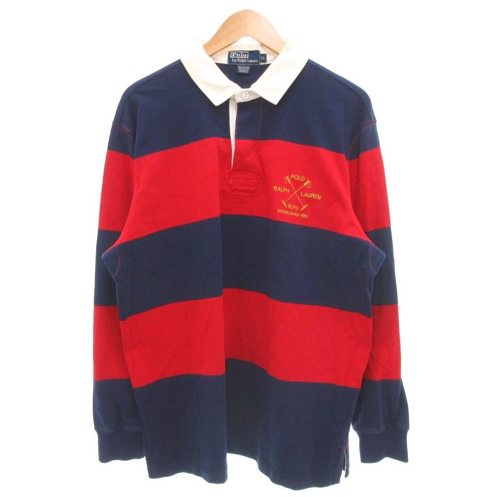 ポロ バイ ラルフローレン Polo by Ralph Lauren ラガーシャツ 長袖 LL 赤 レッド 紺 ネイビー ロゴ刺繍 ボーダー GV GY44