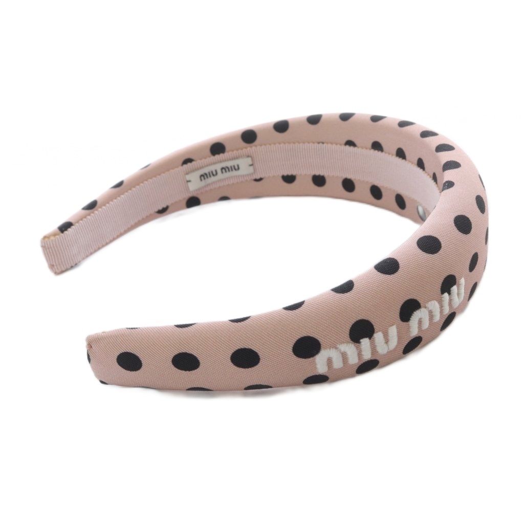 ミュウミュウ miumiu ロゴ刺繍 ドット カチューシャ ピンク 黒 ブラック