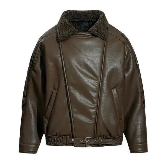 h 秋冬 ｜ユニセックス ヴィンテージ × ハイストリート PUレザー × ボア裏地 デザイン襟付き中綿ジャケット｜カップルコーデ