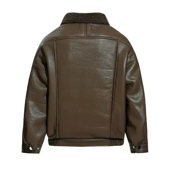 h 秋冬 ｜ユニセックス ヴィンテージ × ハイストリート PUレザー × ボア裏地 デザイン襟付き中綿ジャケット｜カップルコーデ