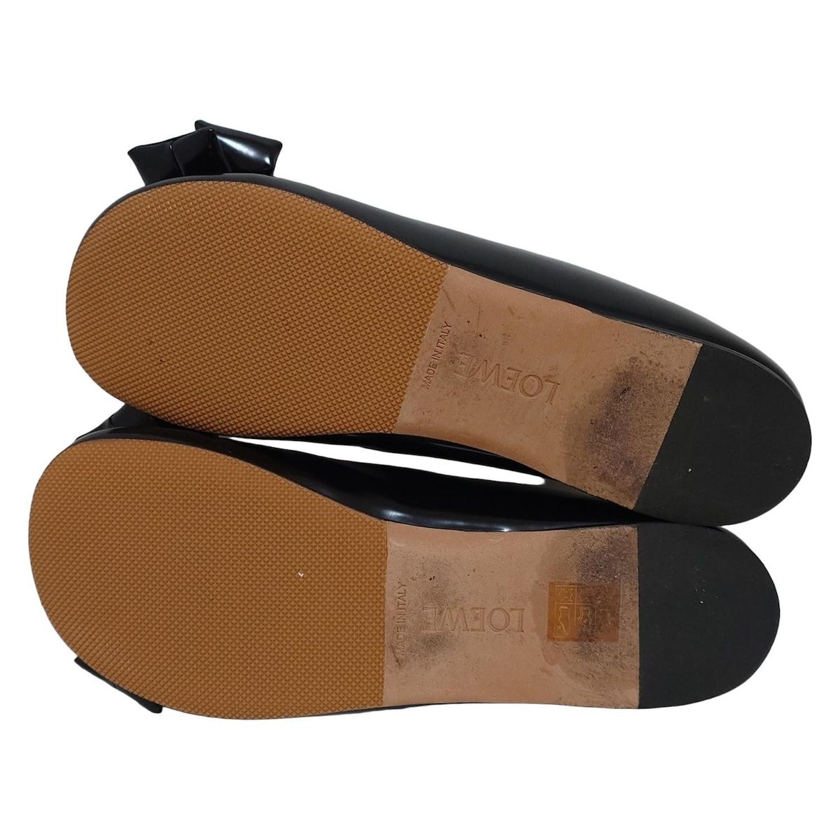  LOEWE ロエベ フラットシューズ 39 レディース - 黒 リボン パファー バレリーナ アウトソール張替済 レザー フラットシューズ バレエシューズ パンプス