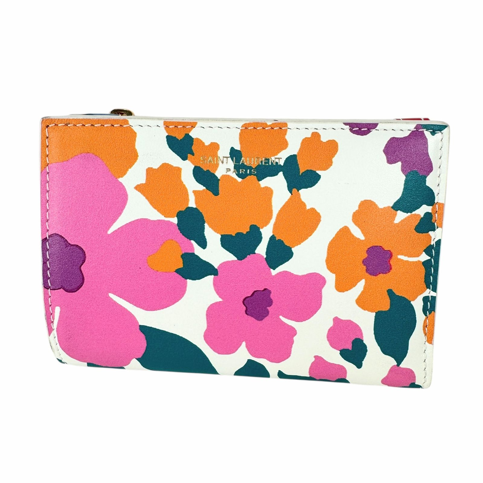 サンローラン 二つ折り財布 ウォレット フラワー ホワイト系 J0557