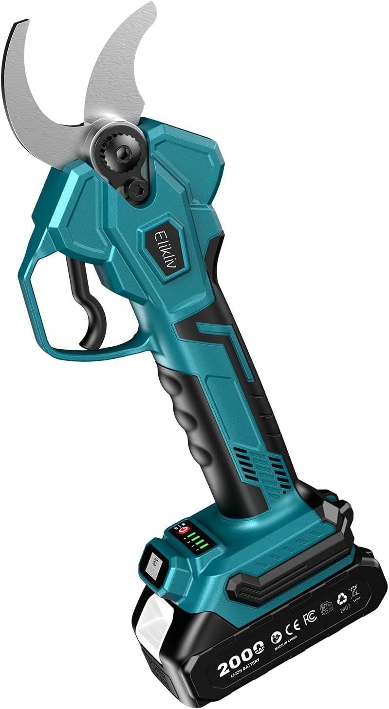 Elikliv 充電式剪定ばさみ 電動剪定バサミ 電動ハサミ ブラシレスモーター採用 切断直径40mm 4段階開き角度調整 高枝切りの延長ポールと接続 LEDディスプレイ搭載 軽量 ポータブル電動剪定ばさみ 電動枝切りバサミ 庭木果樹用 園芸用剪定用具