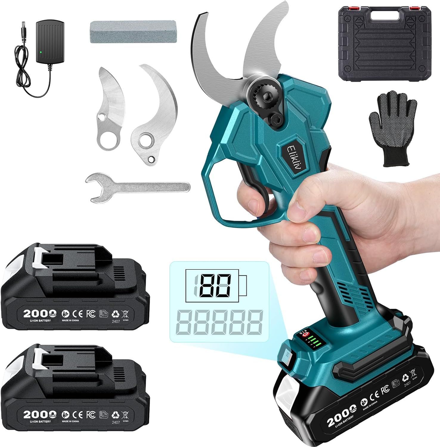 Elikliv 充電式剪定ばさみ 電動剪定バサミ 電動ハサミ ブラシレスモーター採用 切断直径40mm 4段階開き角度調整 高枝切りの延長ポールと接続 LEDディスプレイ搭載 軽量 ポータブル電動剪定ばさみ 電動枝切りバサミ 庭木果樹用 園芸用剪定用具
