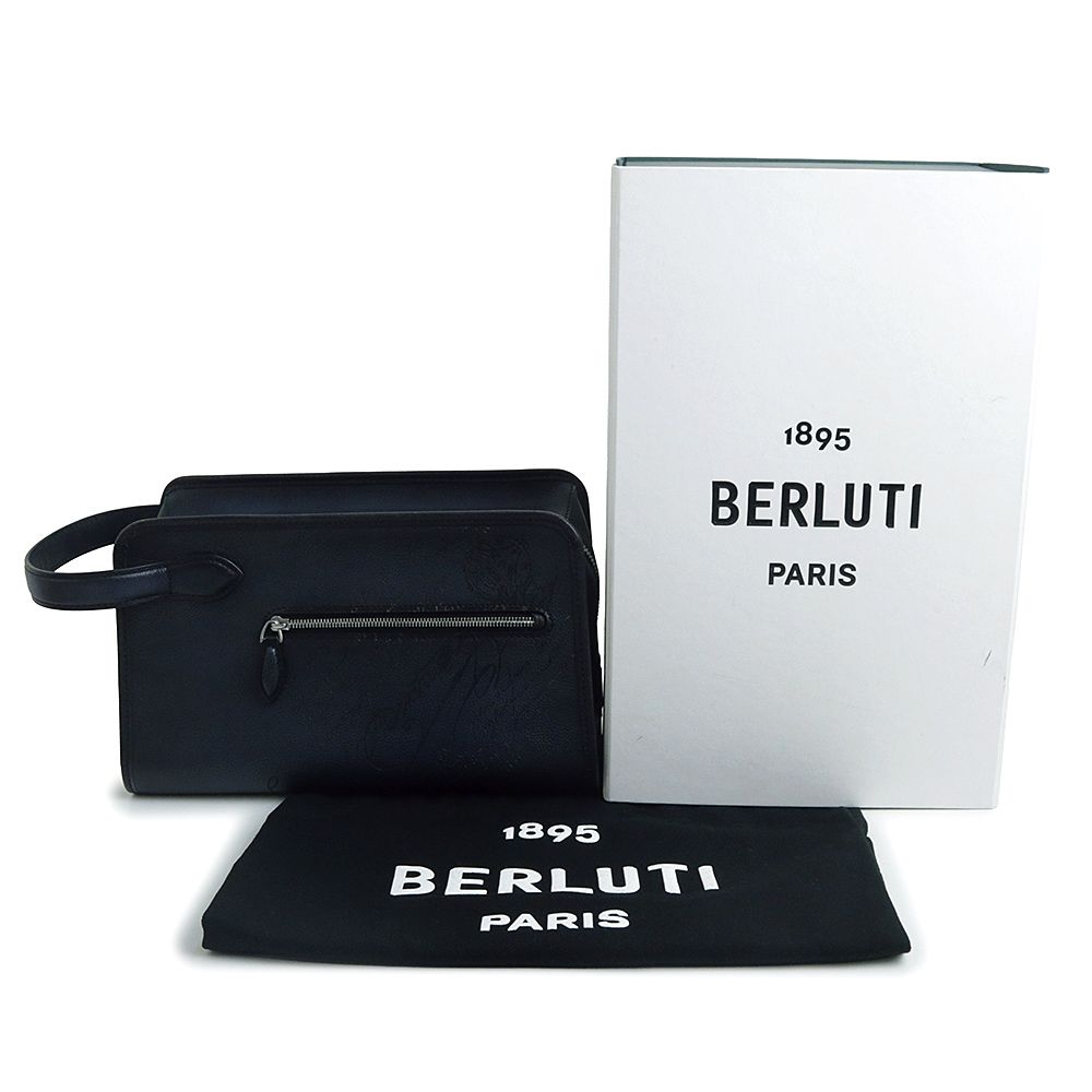 ベルルッティ モーニング スクリットレザー トイレタリーポーチ セカンドバッグ ヴェネチアレザー ネイビー シルバー金具 MORNING JOUR TANGRAM V87 Berluti