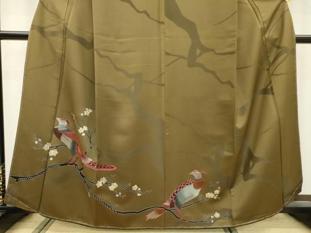 平和屋着物●キモノデザイナー　斉藤上太郎　訪問着　枝花に休み鳥　金彩　反端付き　媚茶色　正絹　逸品　未使用　DAAT3627fe 平和屋着物○キモノデザイナー 斉藤上太郎 訪問着 枝花に休み鳥 金彩