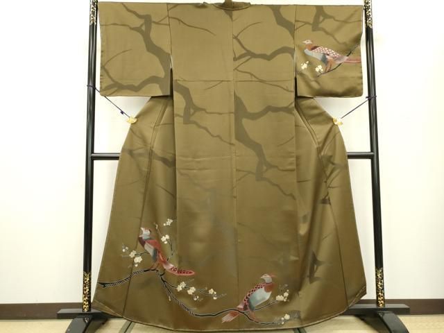 平和屋着物●キモノデザイナー　斉藤上太郎　訪問着　枝花に休み鳥　金彩　反端付き　媚茶色　正絹　逸品　未使用　DAAT3627fe 平和屋着物○キモノデザイナー 斉藤上太郎 訪問着 枝花に休み鳥 金彩