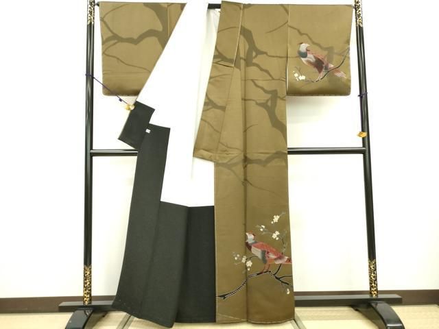 平和屋着物●キモノデザイナー　斉藤上太郎　訪問着　枝花に休み鳥　金彩　反端付き　媚茶色　正絹　逸品　未使用　DAAT3627fe 平和屋着物○キモノデザイナー 斉藤上太郎 訪問着 枝花に休み鳥 金彩