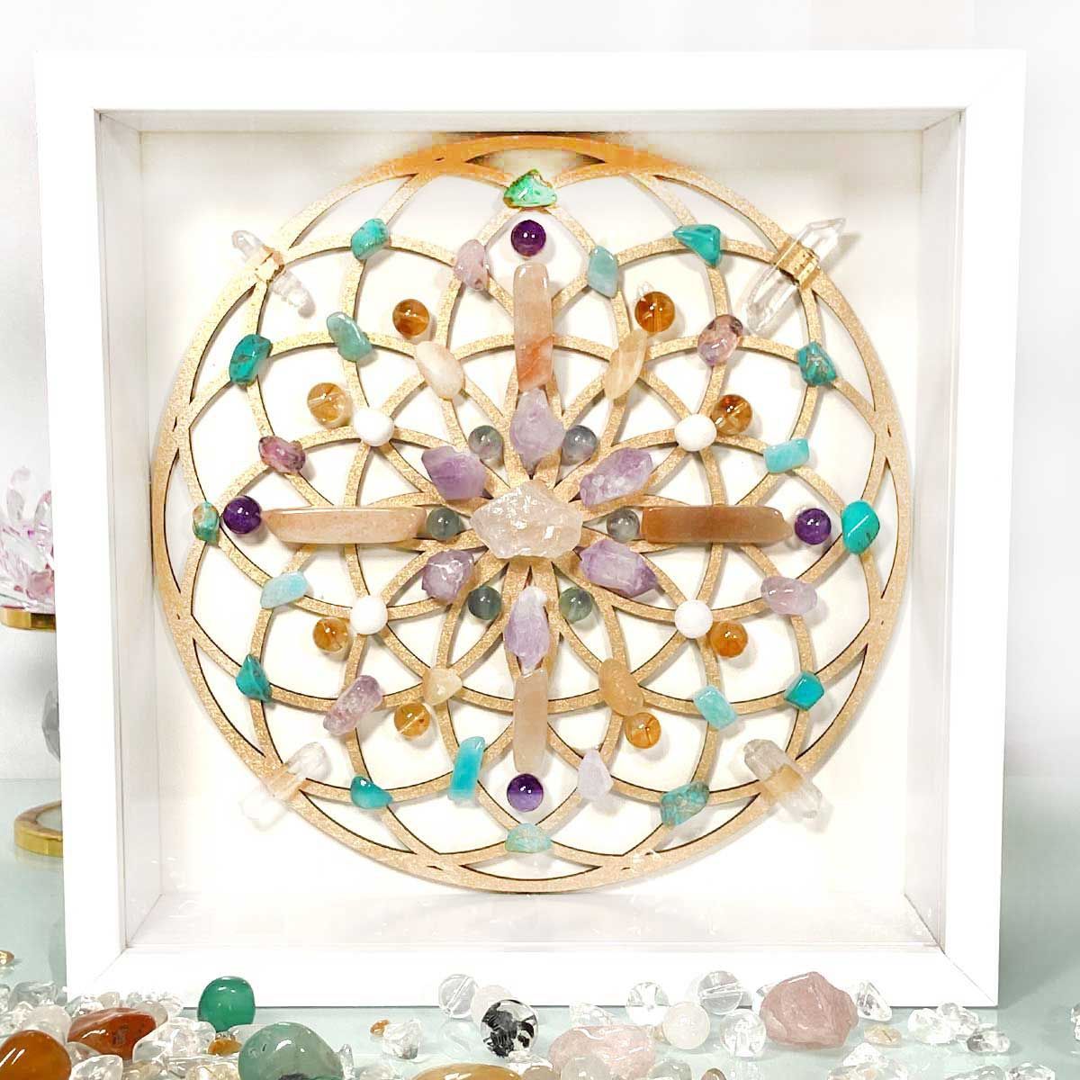 生命の花 クリスタルグリッド 水晶陣 光の幾何学 願望実現 波動調整 浄化 癒し アメジスト ローズクォーツ シトリン アクアマリン 天然石インテリア スピリチュアル 贈り物 プレゼント パワーストーン