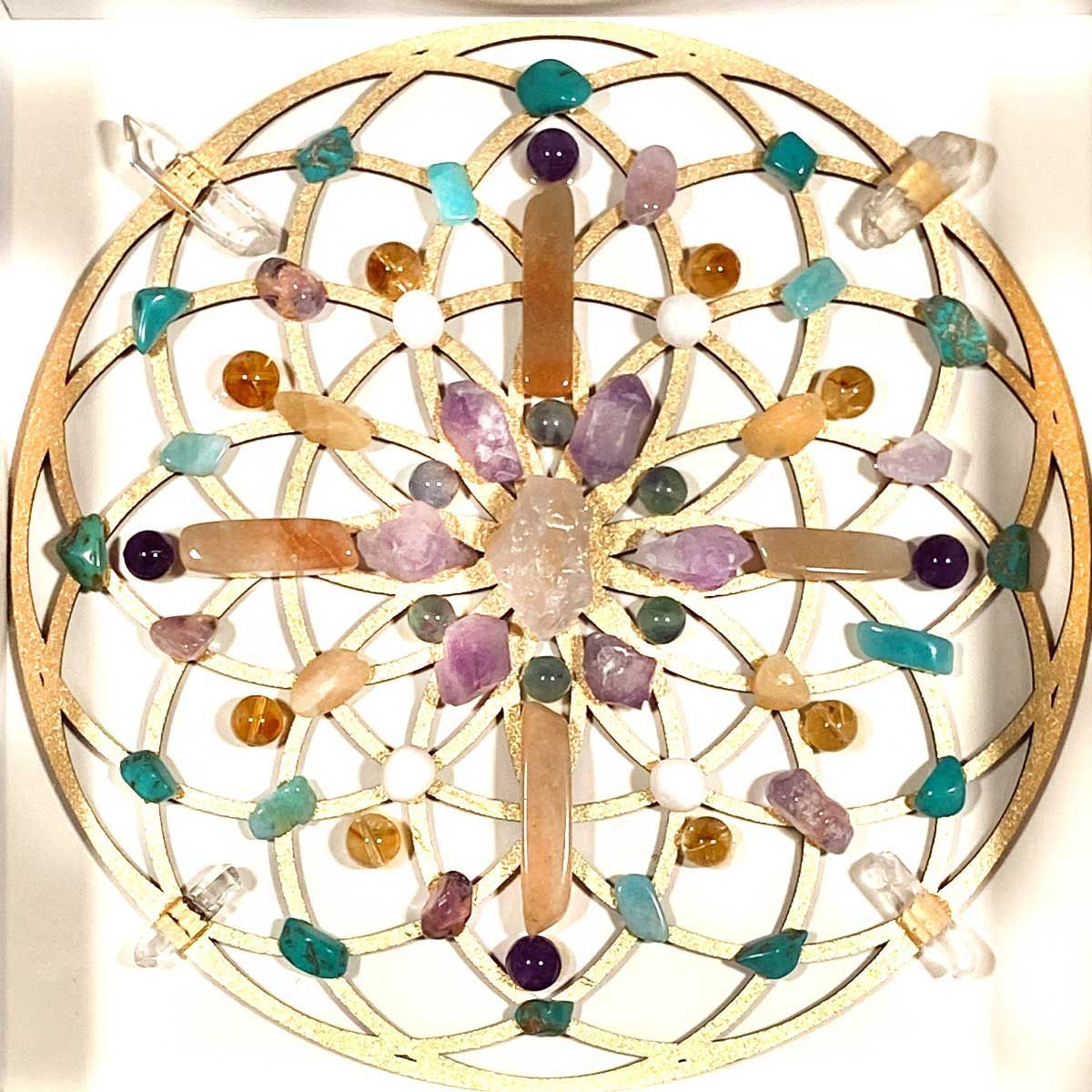 生命の花 クリスタルグリッド 水晶陣 光の幾何学 願望実現 波動調整 浄化 癒し アメジスト ローズクォーツ シトリン アクアマリン 天然石インテリア スピリチュアル 贈り物 プレゼント パワーストーン